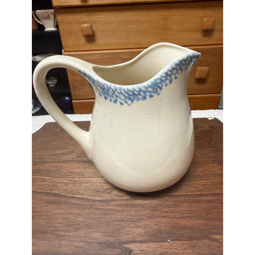 Vintage Blue Heart Sponge Painted Ceramic Pitcher Farmhouse Crackle Glaze 7in - Picture 2 of 5